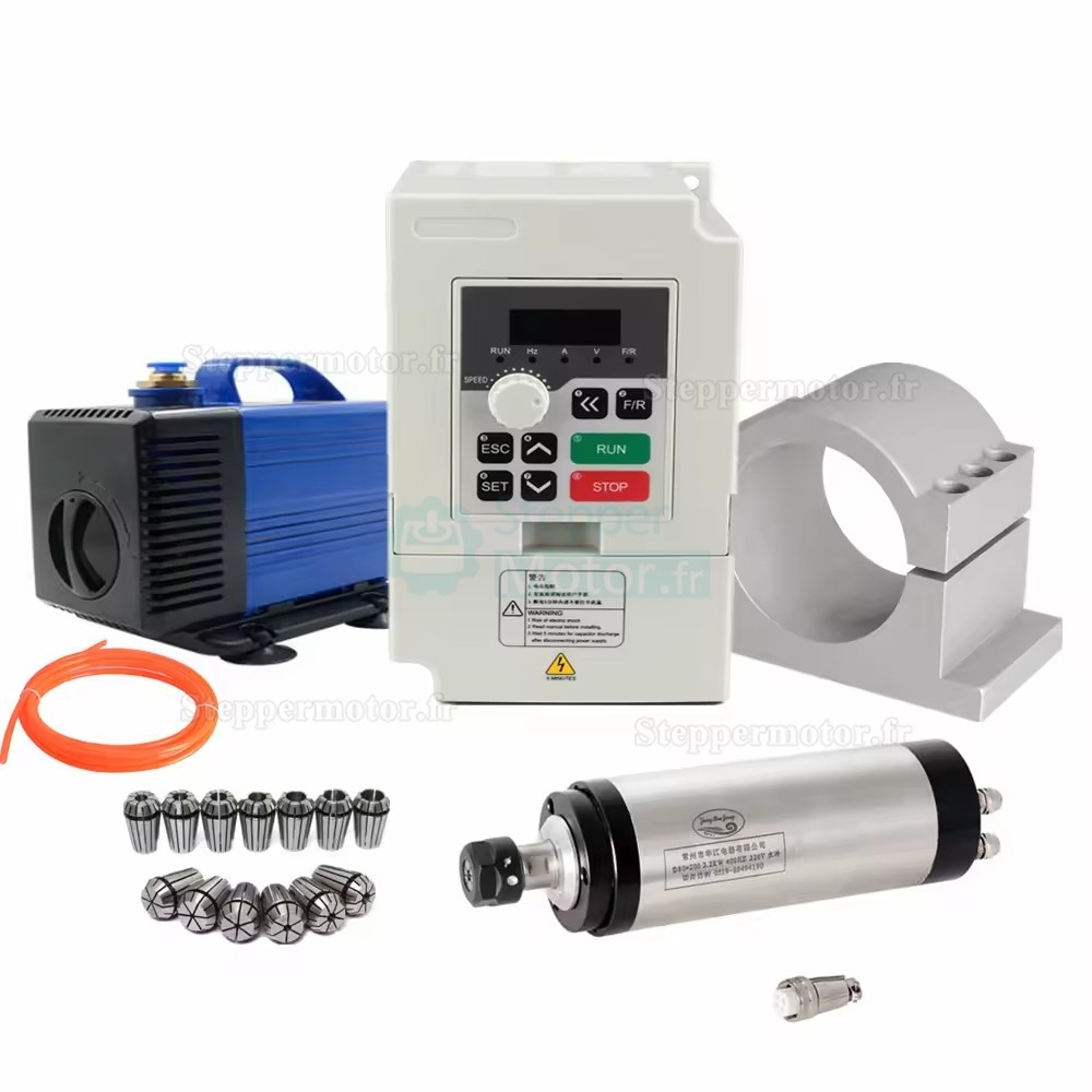 2,5kW 220V/380V Kit moteur de broche refroidi par eau Huajiang-2.2+H100-2.2C2/S2/T4 avec variateur de fr&eacute;quence et pompe &agrave; eau et 13 pi&egrave;ces pinces ER20 et support